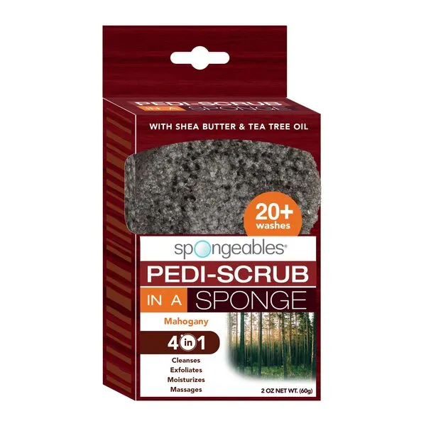 Spongeables Pedi-Scrub Foot Exfoliating Sponge with Heel Buffer and Pedicure Oil, Mahogany, Contains Shea Butter & Tea Tree Oil, 20+ Washes, Pack of 1