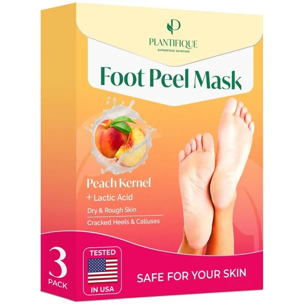 PLANTIFIQUE Foot Peel Mask with Peach 3 Pack Peeling Foot Mask Dermatologically Tested - Repairs Heels & Removes Dry Dead Skin for Baby Soft Feet - Exfoliating Foot Peel Mask for Dry Cracked Feet