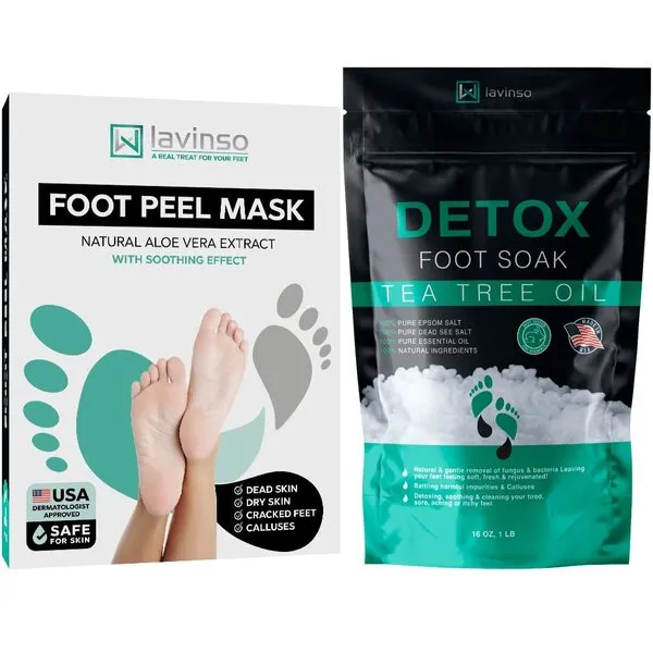 Tea Tree Foot Soak (1 lb) and Foot Peel Mask - Foot Care Kit For Dry Cracked Feet and Heels - Remove Dead Skin and Calluses - Treats Athlete's Foot and Stubborn Foot Odor