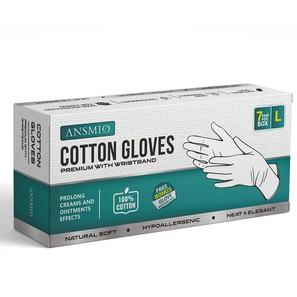 ANSMIO 7 Pairs Cotton Gloves Premium, White Gloves for Dry Hands, Cotton Gloves for Eczema, Moisturizing Night Gloves, White Gloves 100% Cotton, Wristband, Size L (7 Pairs)