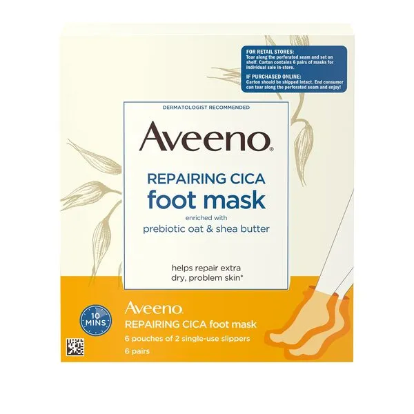 Aveeno Repairing CICA Foot Mask with Prebiotic Oat and Shea Butter, Moisturizing Foot Mask for Extra Dry Skin, 6 Pairs of Single-Use Slippers