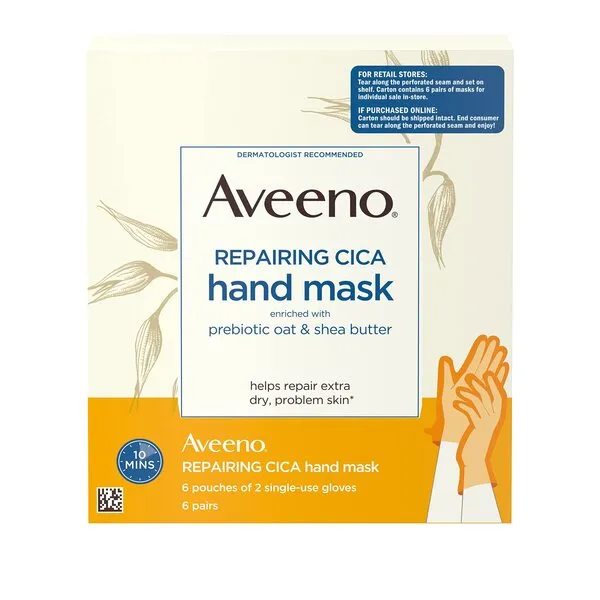 Aveeno Repairing CICA Hand Mask with Prebiotic Oat and Shea Butter for Extra Dry Skin, Paraben-Free and Fragrance-Free, 6 Pairs of Single-Use Gloves