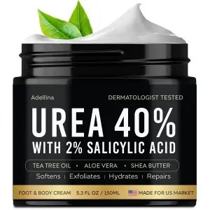 Adellina Urea Cream 40 Percent for Feet, Urea Foot Cream for Dry Cracked Heels Feet Knees Elbows, 40% Urea Foot Repair Lotion with 2% Salicylic Acid, Shea Butter, Tea Tree Oil, Aloe Vera, 5.3 OZ