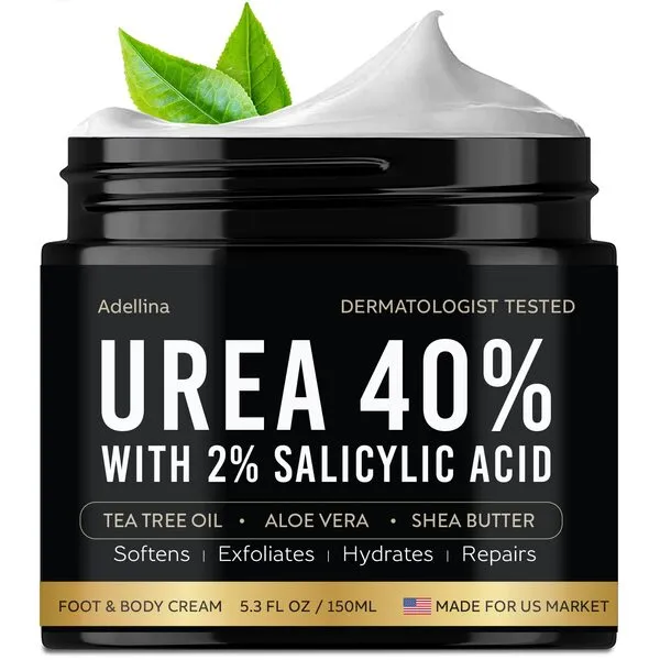 Adellina Urea Cream 40 Percent for Feet, Urea Foot Cream for Dry Cracked Heels Feet Knees Elbows, 40% Urea Foot Repair Lotion with 2% Salicylic Acid, Shea Butter, Tea Tree Oil, Aloe Vera, 5.3 OZ