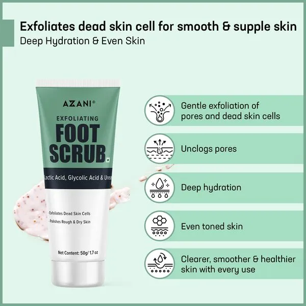 AZANI Unisex Exfoliating Foot Scrub, Glycolic & Lactic Acid, For Smooth, Even Tone & Polished Skin, Calluses, Crack Heels, Dry Skin, 50gm