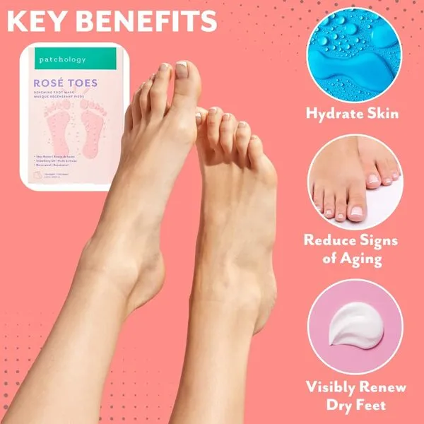 Patchology Rosé Toes - Softening Heel and Foot Mask - Soft Feet Treatment with Strawberry Scent and Resveratrol for Renewed Skin Soft Feet - Foot Masks for Dry Cracked Feet (1 Pair)