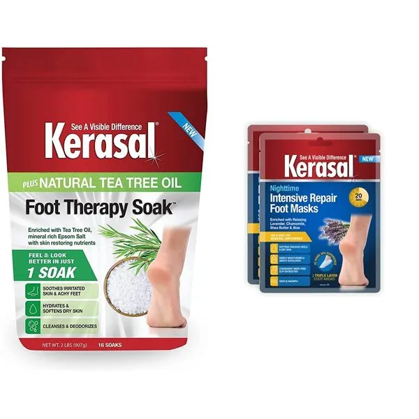 Kerasal Foot Therapy Soak, Foot Soak for Achy, Tired and Dry Feet, 2 lbs and Kerasal Nighttime Intensive Repair Foot Masks, Foot Mask for Cracked Heels and Dry Feet, Two Pairs