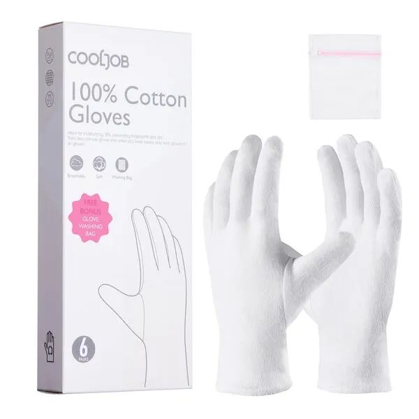 COOLJOB 100% Cotton Gloves, 6 Pairs White Cotton Gloves for Dry Hands Moisturizing & Eczema, Overnight Lotion, Sleep & Spa Treatment for Women & Men, Breathable Work Glove Liners, Small Size