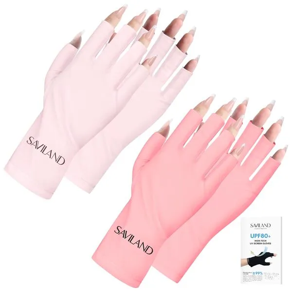 SAVILAND U V Gloves for Nails - 2 Pairs UPF80+ High-tech Professional U V Gloves for Manicures, U V Gloves for Gel Nail Lamp Skin Care Fingerless Gloves (Pink/Light Pink)