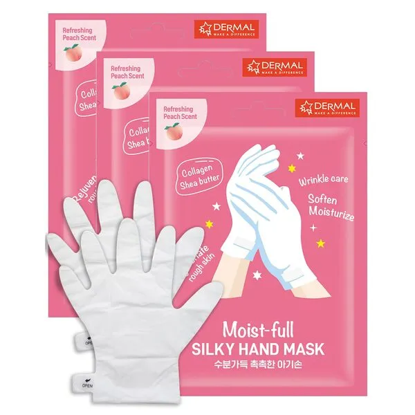 DERMAL Moistfull Silky Hand Mask Gloves 3 Pairs for Dry Hands - Intensive Repairing with Collagen and Shea Butter - Nourishing & Moisturizing Renew Hand Mask - Refreshing Peach Scent