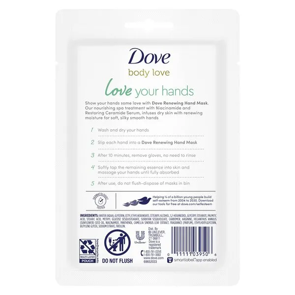 Dove Renewing Hand Mask - Love Your Hands Repair Gloves, Body Love Dry Hands Treatment with Niacinamide and Ceramide Serum for Soft, Silky Hands, Hand Masks for Dry Cracked Hands (Pack of 4)