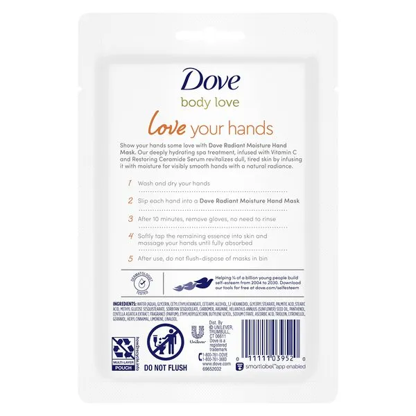 Dove Radiant Moisture Hand Mask - Vitamin C Hand Repair Gloves, Dove Body Love Hand Moisturizer Gloves with Restoring Ceramide Serum for Soft Hands, Hand Masks for Dry Cracked Hands (Pack of 4)