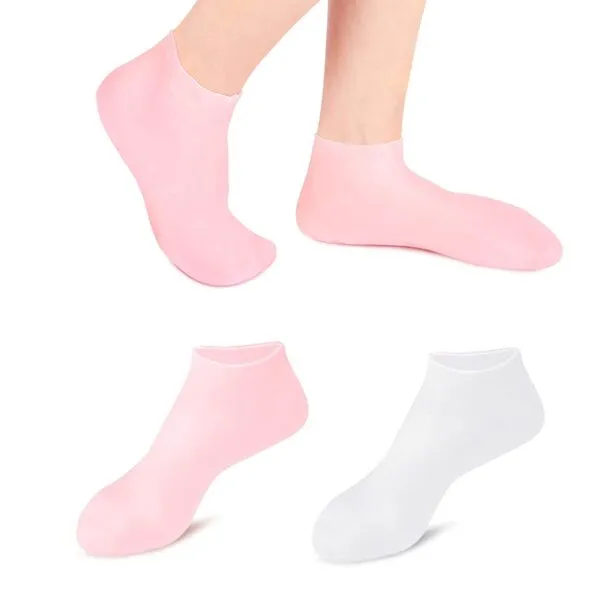 Zxfuture 2 Pairs Silicone Socks for Women, Soft Gel Socks, Aloe Socks, Moisturizing Foot Socks, Women's Spa Pedicure Socks for Repairing Dry Feet, Cracked Heels and Softening Rough Skin- Pink & White