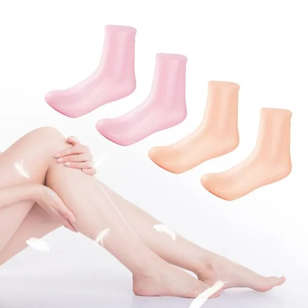 2 Pairs Silicone Moisturizing Socks, Long Size, High Elastic & Anti Slip, for Dry Cracked Feet Women, Calluses, Spa Gel Socks Foot Care by MoyRetty -Pink & Beige