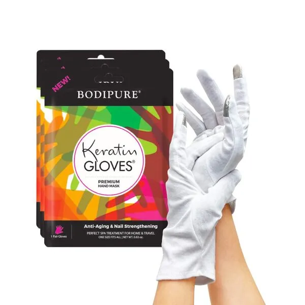 Bodipure Premium Keratin Gloves(3pk) Plus Touchscreen Cotton Gloves(1pk) - Hand Masks with Keratin and Niacinamide Serum for Nail Strengthening and Dry Cracked Hands - Overnight Moisturizing Gloves